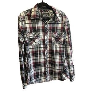 Buckle Black Men’s Western Snap Shirt Size Large Stretch Plaid Burgundy
